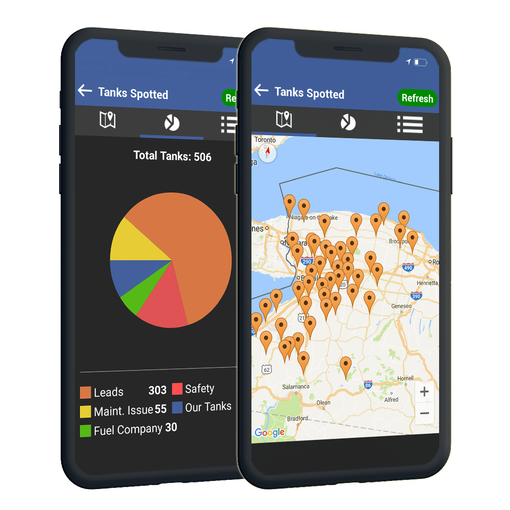 TankSpotter running on smartphones and tablets showing field operations