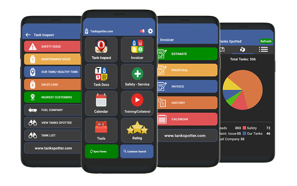 TankSpotter app screenshots showing safety features